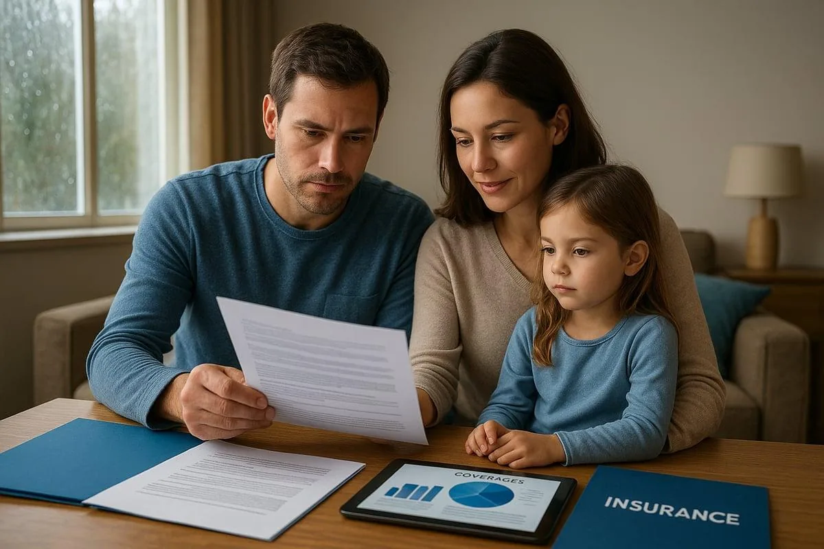 Family reviewing insurance policy paperwork together at home
